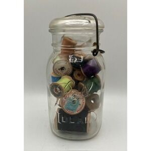 Vintage Wire Side Ball Jar by Ideal‎ with 19 Wooden Thread Spools 7"